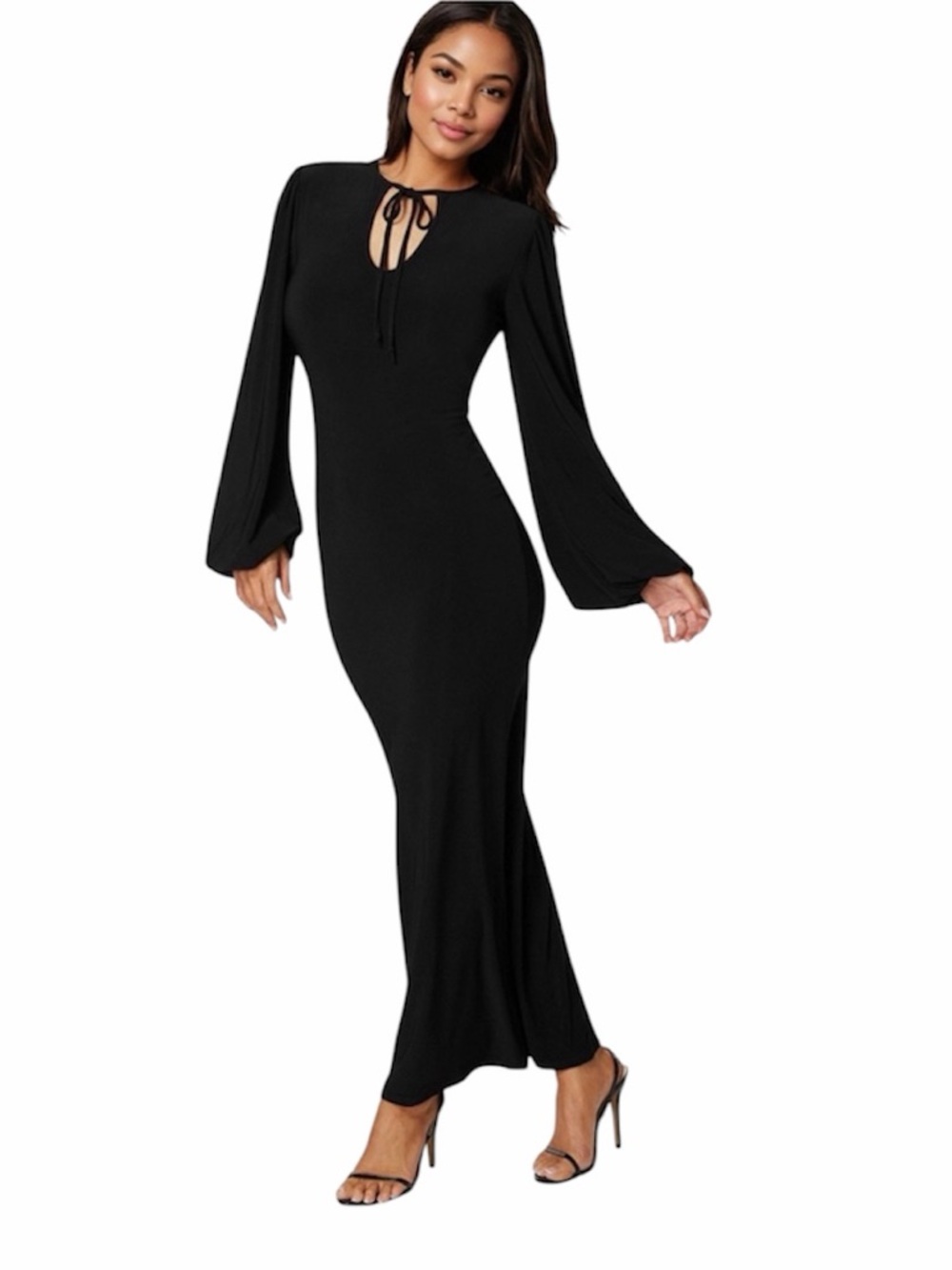 Bebe Black Poet Long Sleeve Keyhole Tie Neck Maxi Dress Size XL Made in USA